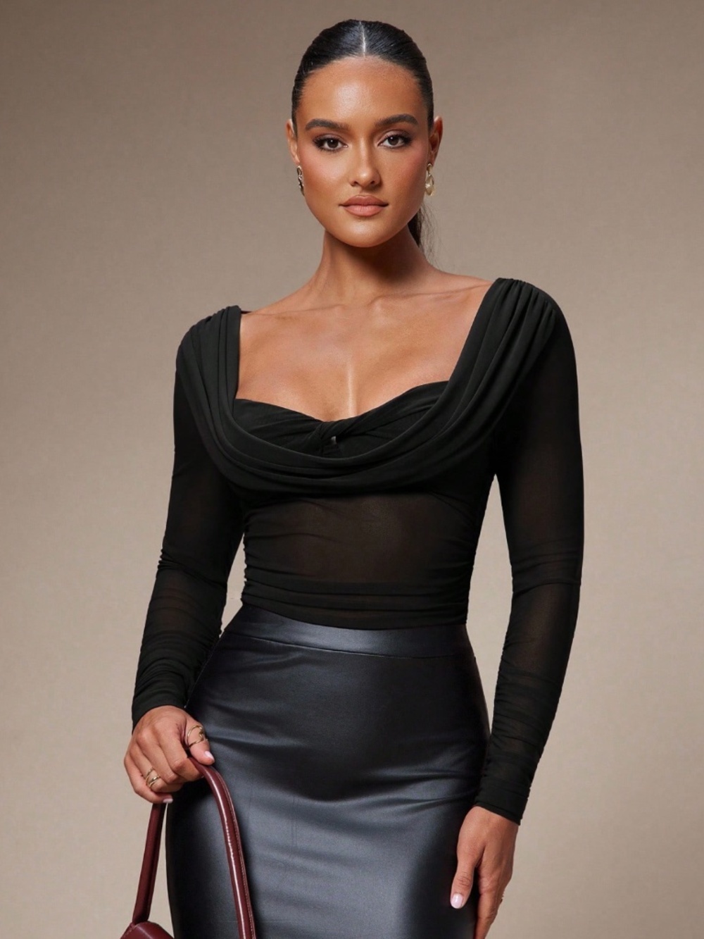 Black Mesh Draped Slim Fitted Top Sheer